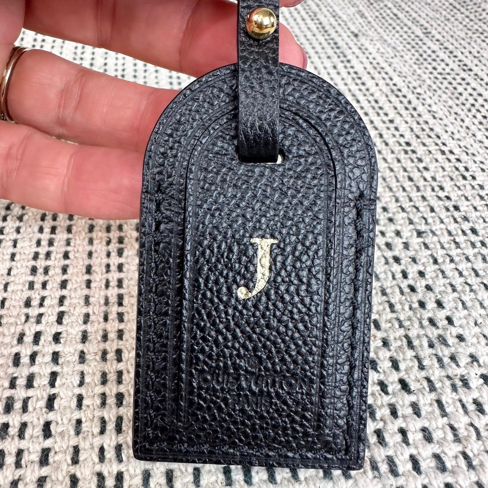 Louis Vuitton Bag Tag Unisex Black Pebbled Leather Initial J Gold Luggage Travel